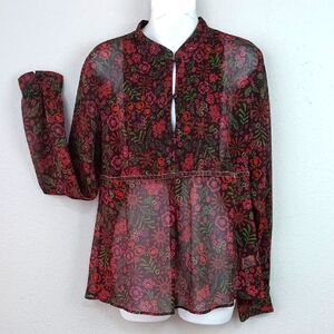 Apt 9 sheer floral long-sleeve velvet trim boho Whimsigoth  top sz L